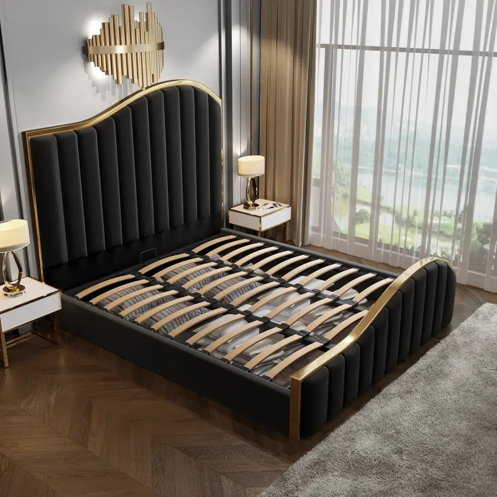 Queen Size Black Velvet Fabric Golden Metal Storage Elegant Luxury Bedframe - Furniture > Bedroom