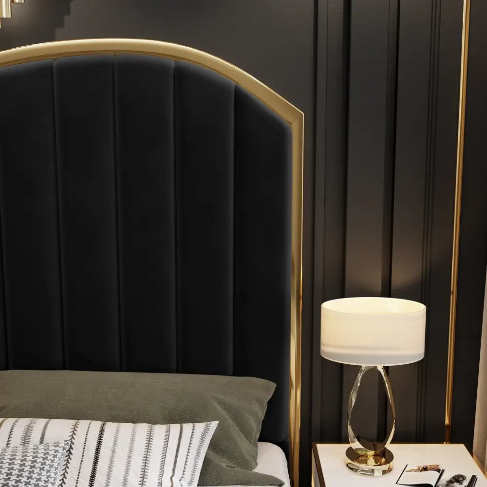 Queen Size Black Velvet Fabric Golden Metal Storage Elegant Luxury Bedframe - Furniture > Bedroom