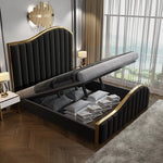 Queen Size Black Velvet Fabric Golden Metal Storage Elegant Luxury Bedframe - Furniture > Bedroom