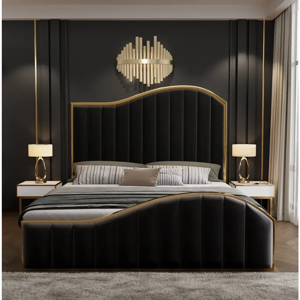 Queen Size Black Velvet Fabric Golden Metal Storage Elegant Luxury Bedframe - Furniture > Bedroom