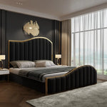 Queen Size Black Velvet Fabric Golden Metal Storage Elegant Luxury Bedframe - Furniture > Bedroom
