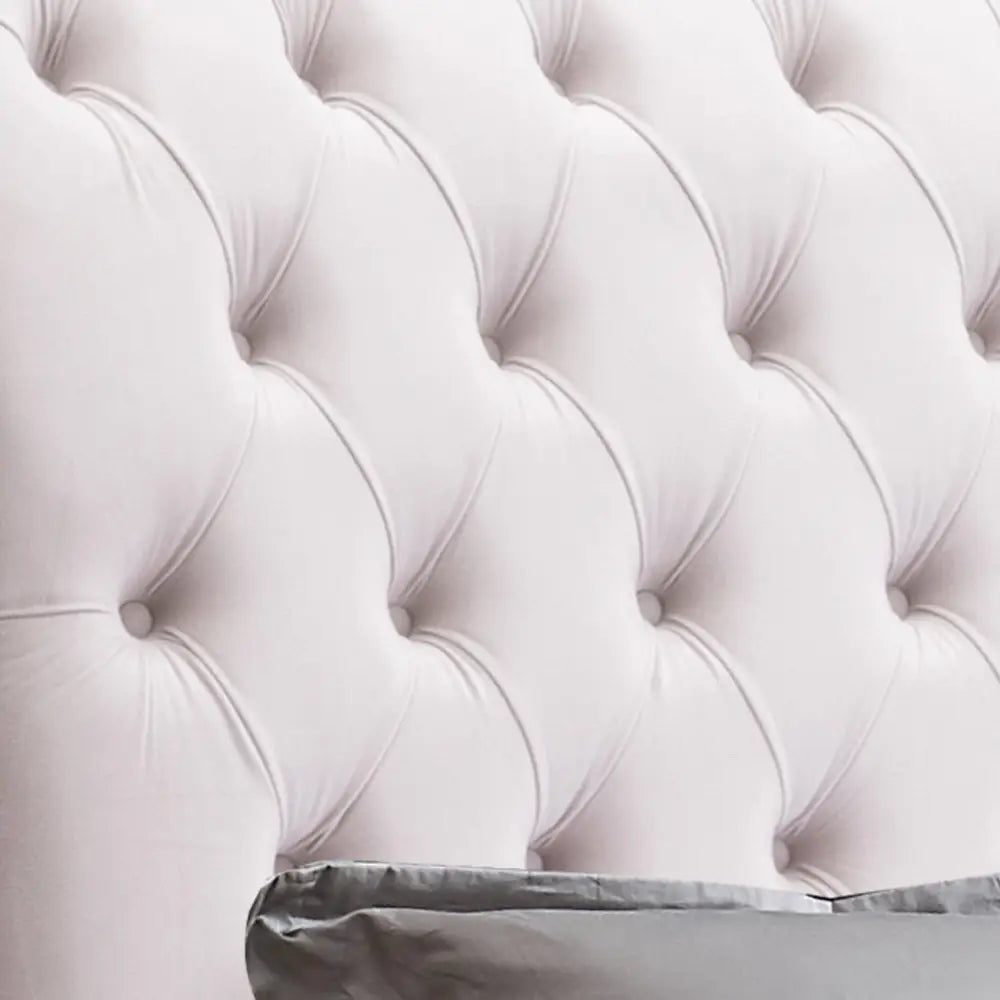 Queen Size Sleigh Bedframe Velvet Upholstery Beige Colour Tufted Headboard And Footboard Deep Quilting - Furniture >