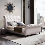 Queen Size Sleigh Bedframe Velvet Upholstery Beige Colour Tufted Headboard And Footboard Deep Quilting - Furniture >