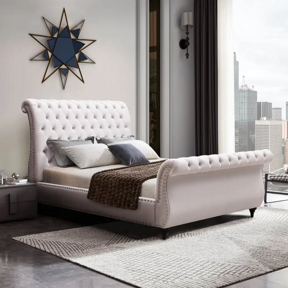 Queen Size Sleigh Bedframe Velvet Upholstery Beige Colour Tufted Headboard And Footboard Deep Quilting - Furniture >