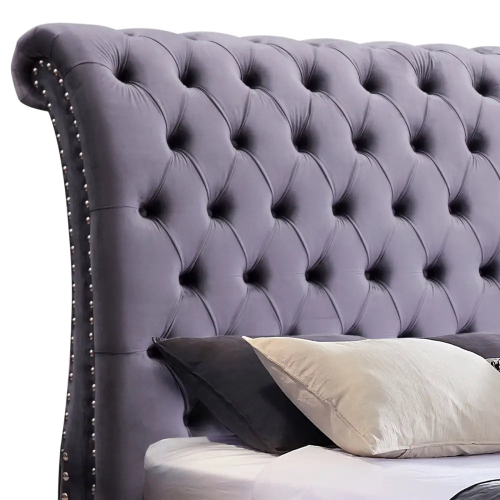 Queen Size Sleigh Bedframe Velvet Upholstery Grey Colour Tufted Headboard And Footboard Deep Quilting - Furniture >