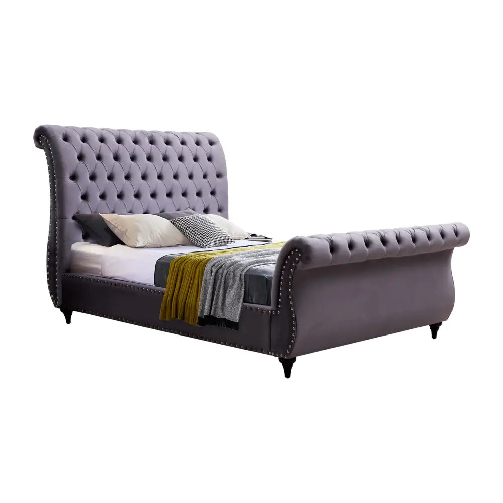 Queen Size Sleigh Bedframe Velvet Upholstery Grey Colour Tufted Headboard And Footboard Deep Quilting - Furniture >