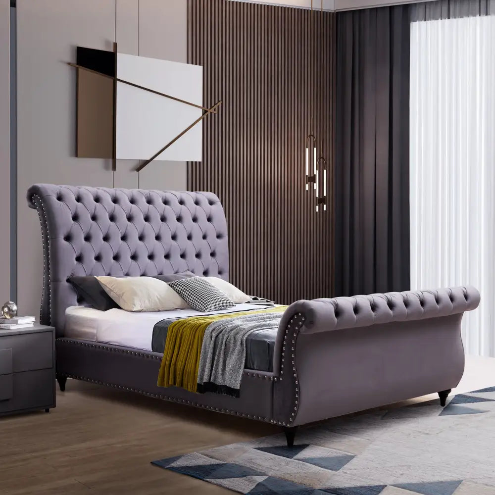 Queen Size Sleigh Bedframe Velvet Upholstery Grey Colour Tufted Headboard And Footboard Deep Quilting - Furniture >