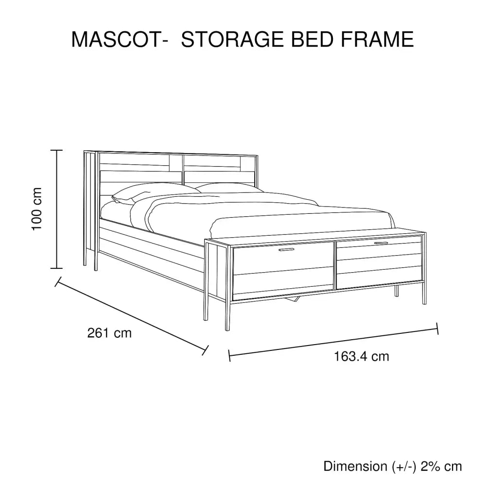Queen Size Storage Bed Farme in Oak Colour with Particle Board Contraction and Metal Legs - Furniture > Bedroom > Beds
