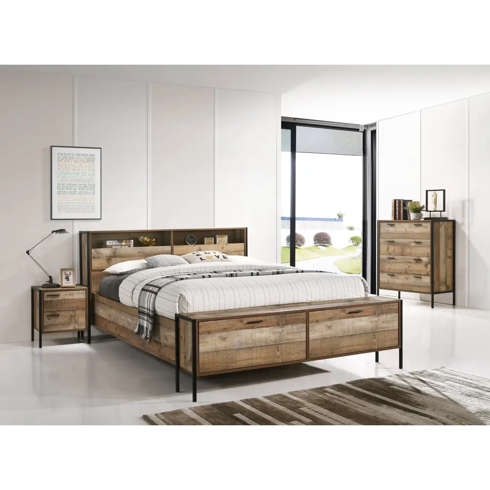 Queen Size Storage Bed Farme in Oak Colour with Particle Board Contraction and Metal Legs - Furniture > Bedroom > Beds