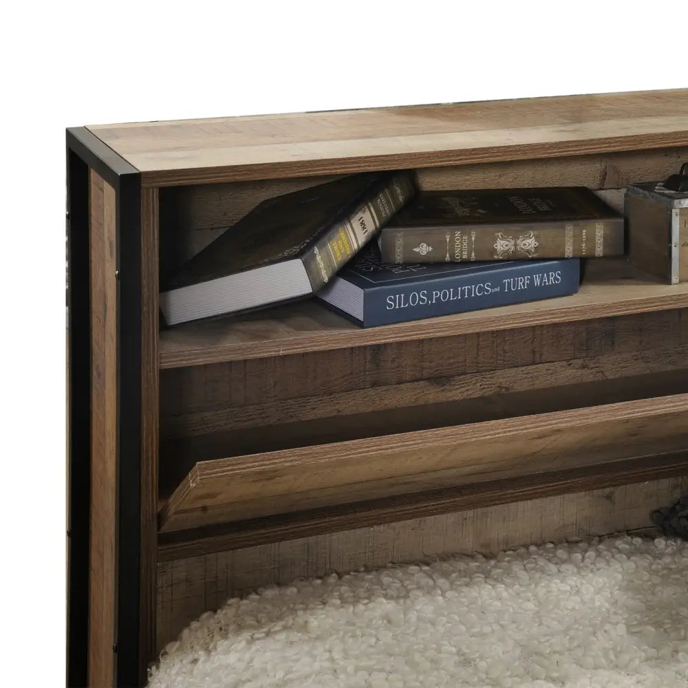 Queen Size Storage Bed Farme in Oak Colour with Particle Board Contraction and Metal Legs - Furniture > Bedroom > Beds