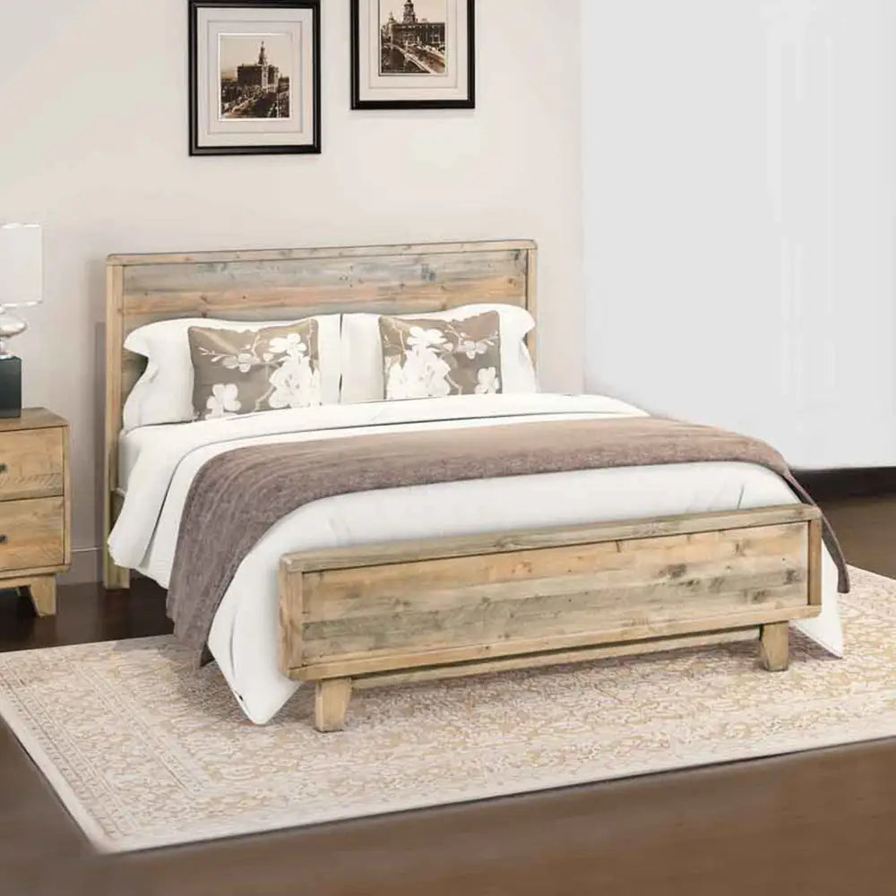 Queen Size Wooden Bed Frame in Solid Wood Antique Design Light Brown - Furniture > Bedroom