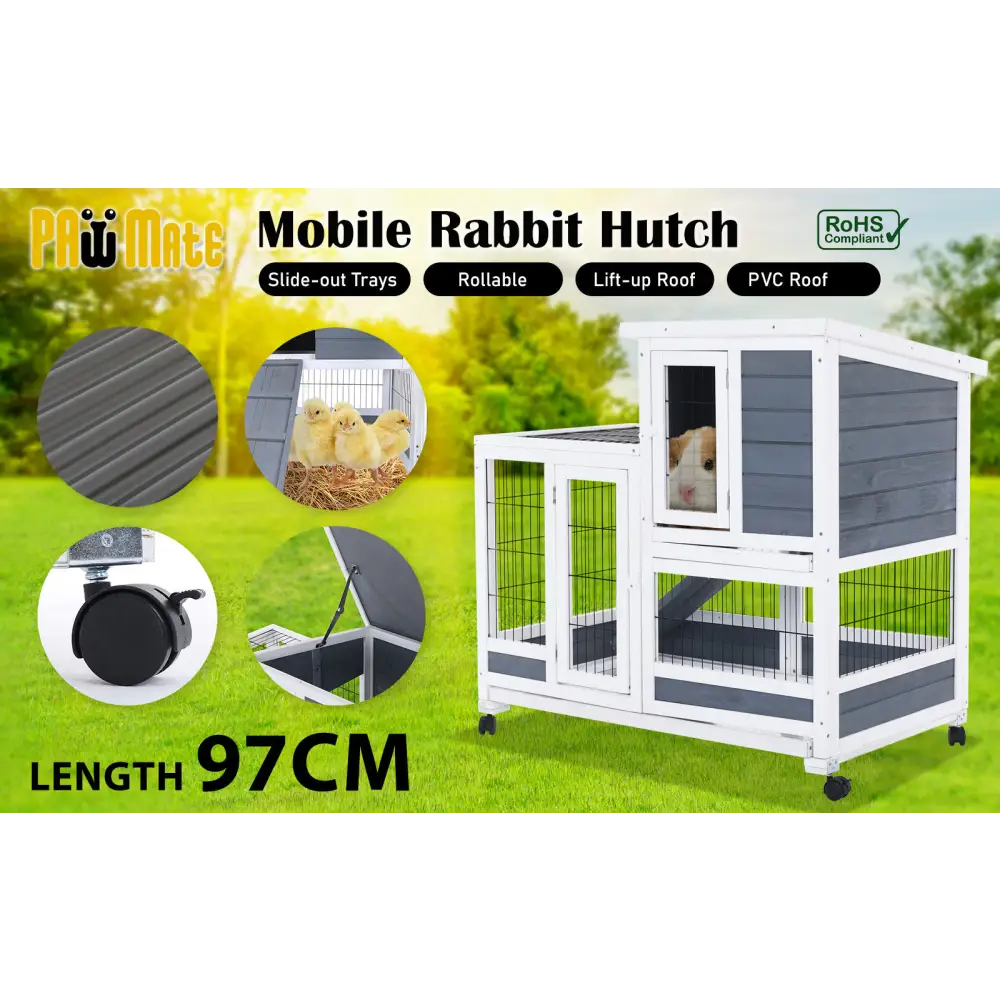 Rabbit Hutch Chicken Coop with Wheels 96.5 x 56 x 90.5cm 2 Storey Pet Cage Run HOPKINS - Pet Care > Coops & Hutches >