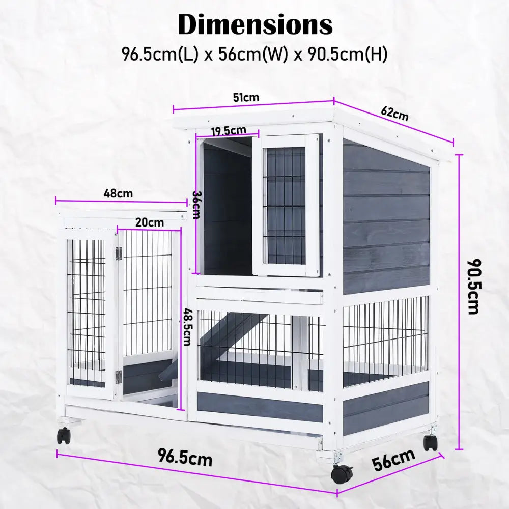 Rabbit Hutch Chicken Coop with Wheels 96.5 x 56 x 90.5cm 2 Storey Pet Cage Run HOPKINS - Pet Care > Coops & Hutches >