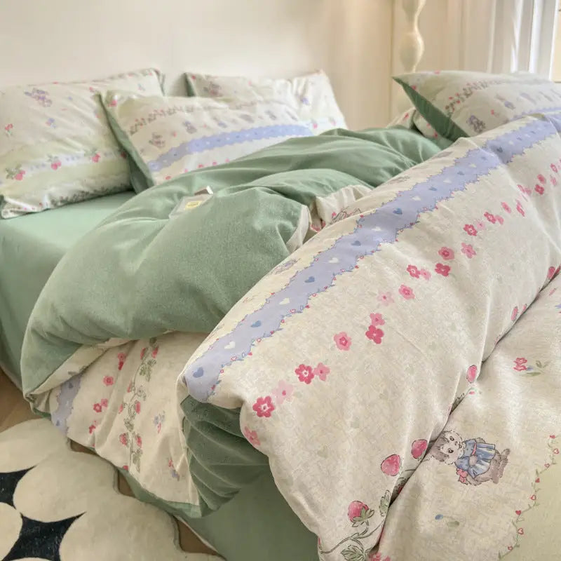 Rabbit Thick Brushed Cotton 4-Piece Bed Sheet Set (1.5m Bed) - Fits 200x230cm Duvet - Home & Garden > Bedding > Duvet