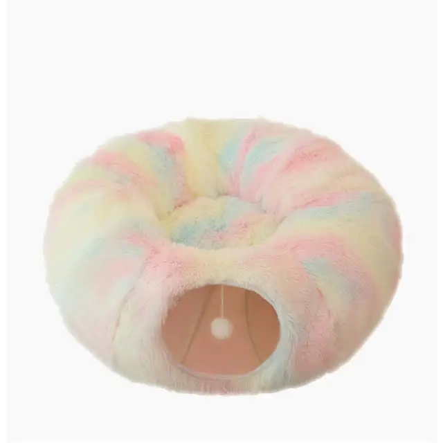 Rainbow Luxury Plush Cat Bed with Hidden Tunnel - Soft Round Pet Bed for Cats and Small Dogs - Pet Care > Cat Supplies