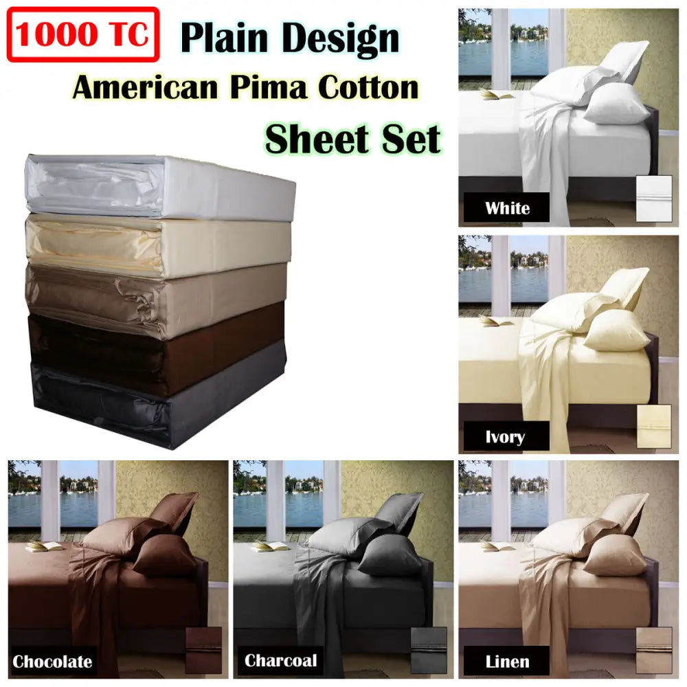 Ramesses 1000TC American Pima Cotton Plain Design Sheet Set Chocolate Queen - Home & Garden > Bedding