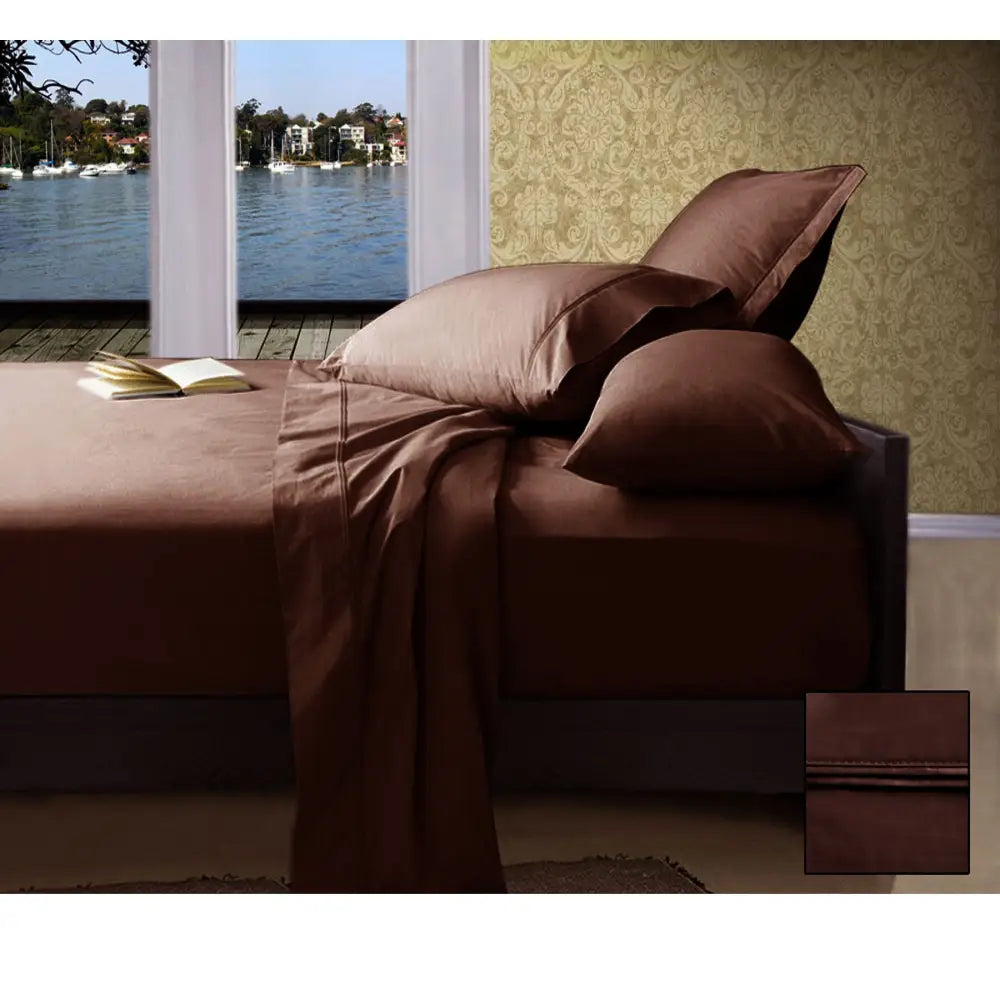Ramesses 1000TC American Pima Cotton Plain Design Sheet Set Chocolate King - Home & Garden > Bedding