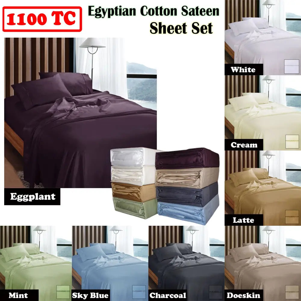Ramesses 1100TC Egyptian Cotton Sateen Sheet Set Mint King - Home & Garden > Bedding