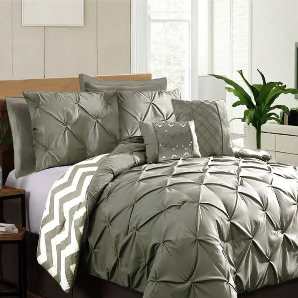 Ramesses 7 Piece Pinch Pleat Comforter Set Grey Queen - Home & Garden > Bedding