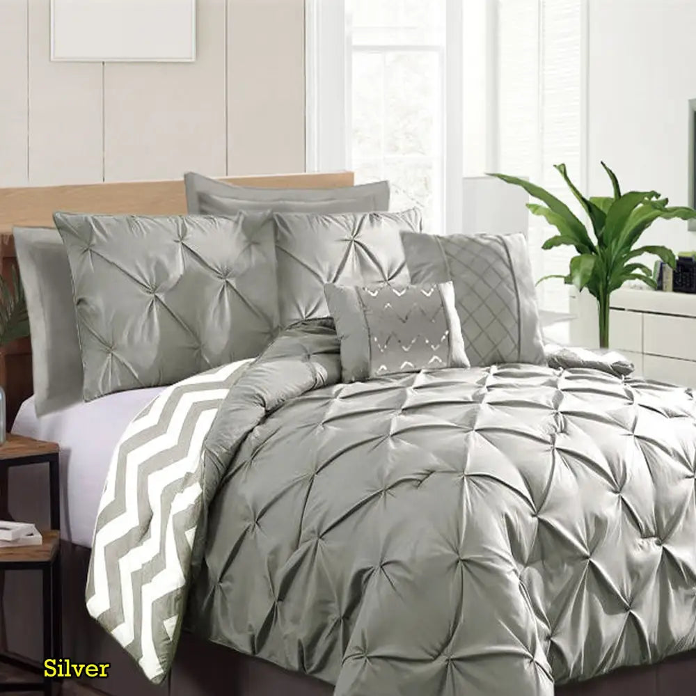 Ramesses 7 Piece Pinch Pleat Comforter Set Silver King - Home & Garden > Bedding