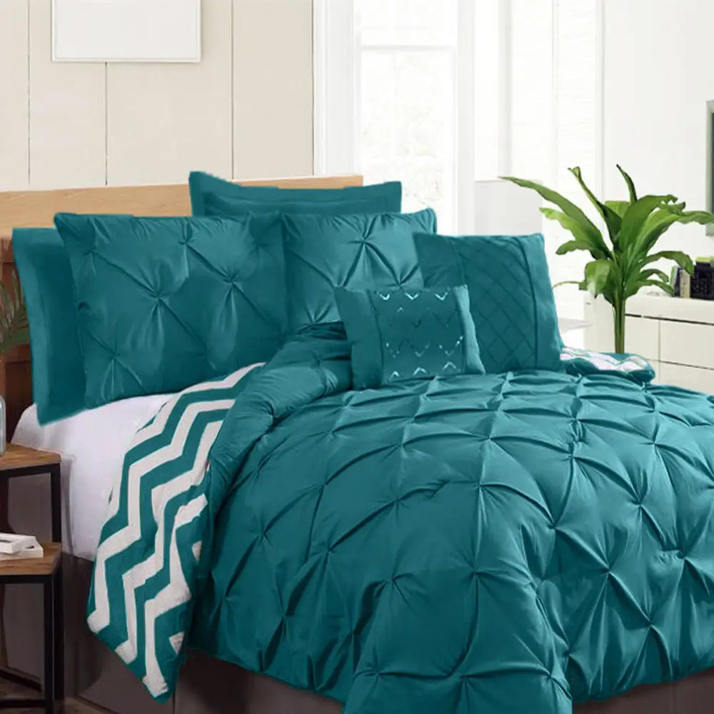 Ramesses 7 Piece Pinch Pleat Comforter Set Teal Queen - Home & Garden > Bedding