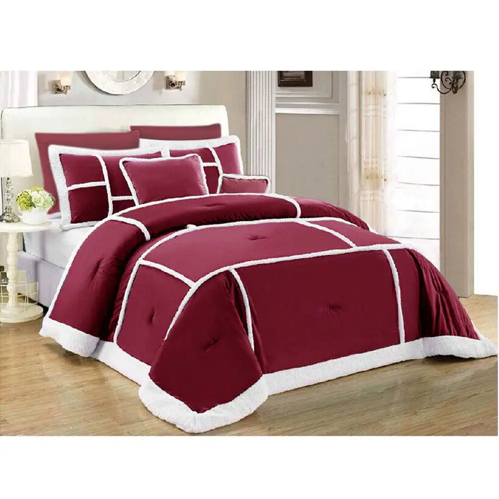 Ramesses 7 Piece Soho Sherpa Comforter Set Burgundy Queen - Home & Garden > Bedding