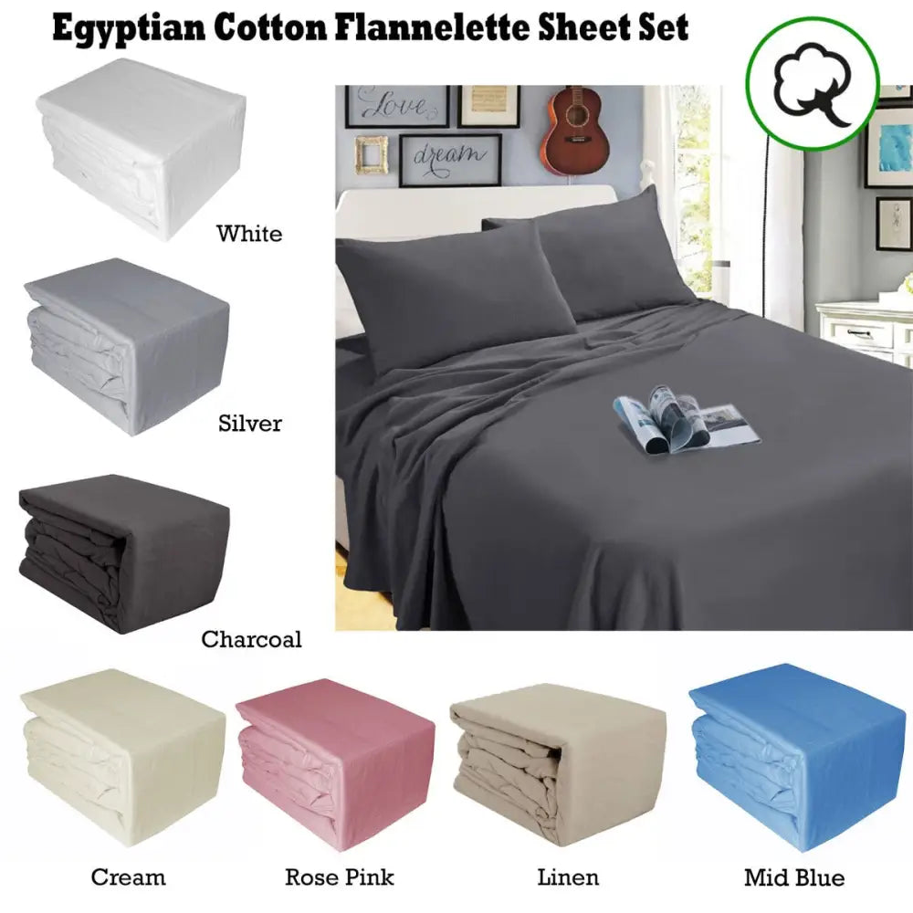 Ramesses Egyptian Cotton Flannel Sheet Set Charcoal Single - Home & Garden > Bedding