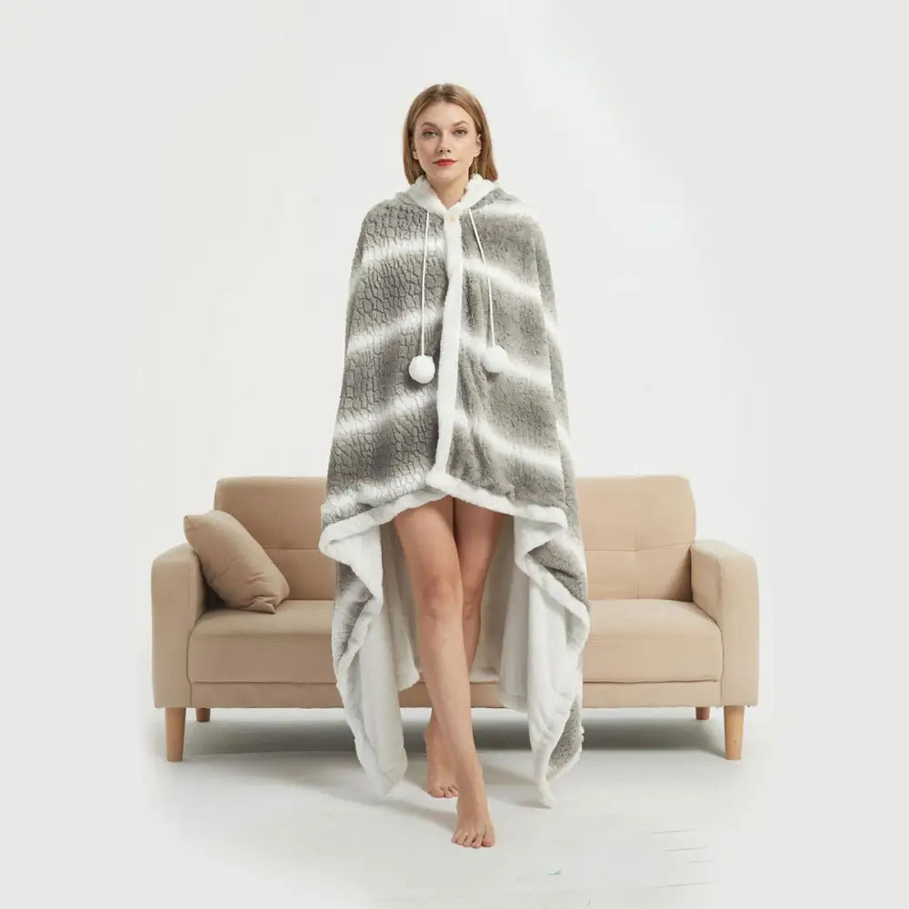 Ramesses Faux Fur Hooded Robe Grey White Stripe - Home & Garden > Bathroom Accessories