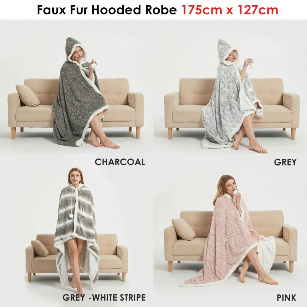 Ramesses Faux Fur Hooded Robe Grey White Stripe - Home & Garden > Bathroom Accessories