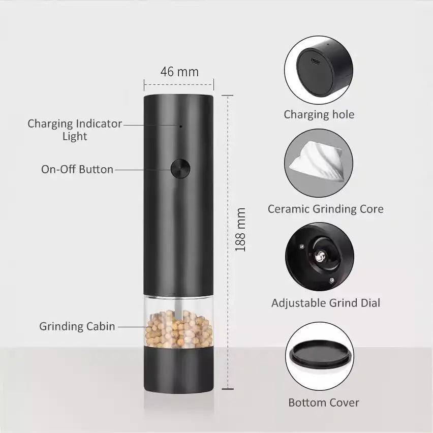 Rechargeable Electric Salt and Pepper Grinder Set (Includes Two Grinders) - Adjustable Ceramic Grinding Core with USB