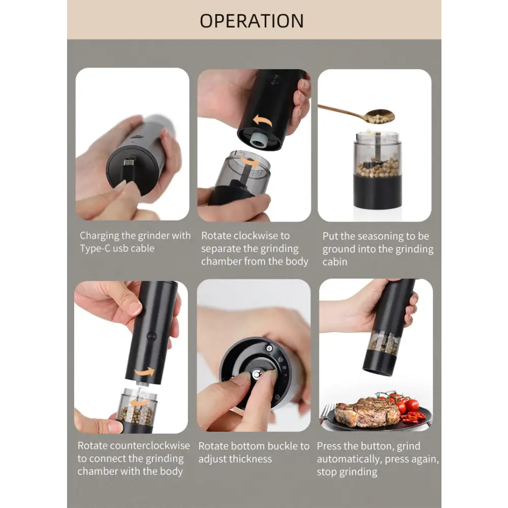Rechargeable Electric Salt and Pepper Grinder Set (Includes Two Grinders) - Adjustable Ceramic Grinding Core with USB