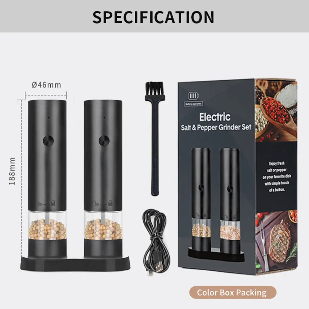 Rechargeable Electric Salt and Pepper Grinder Set (Includes Two Grinders) - Adjustable Ceramic Grinding Core with USB