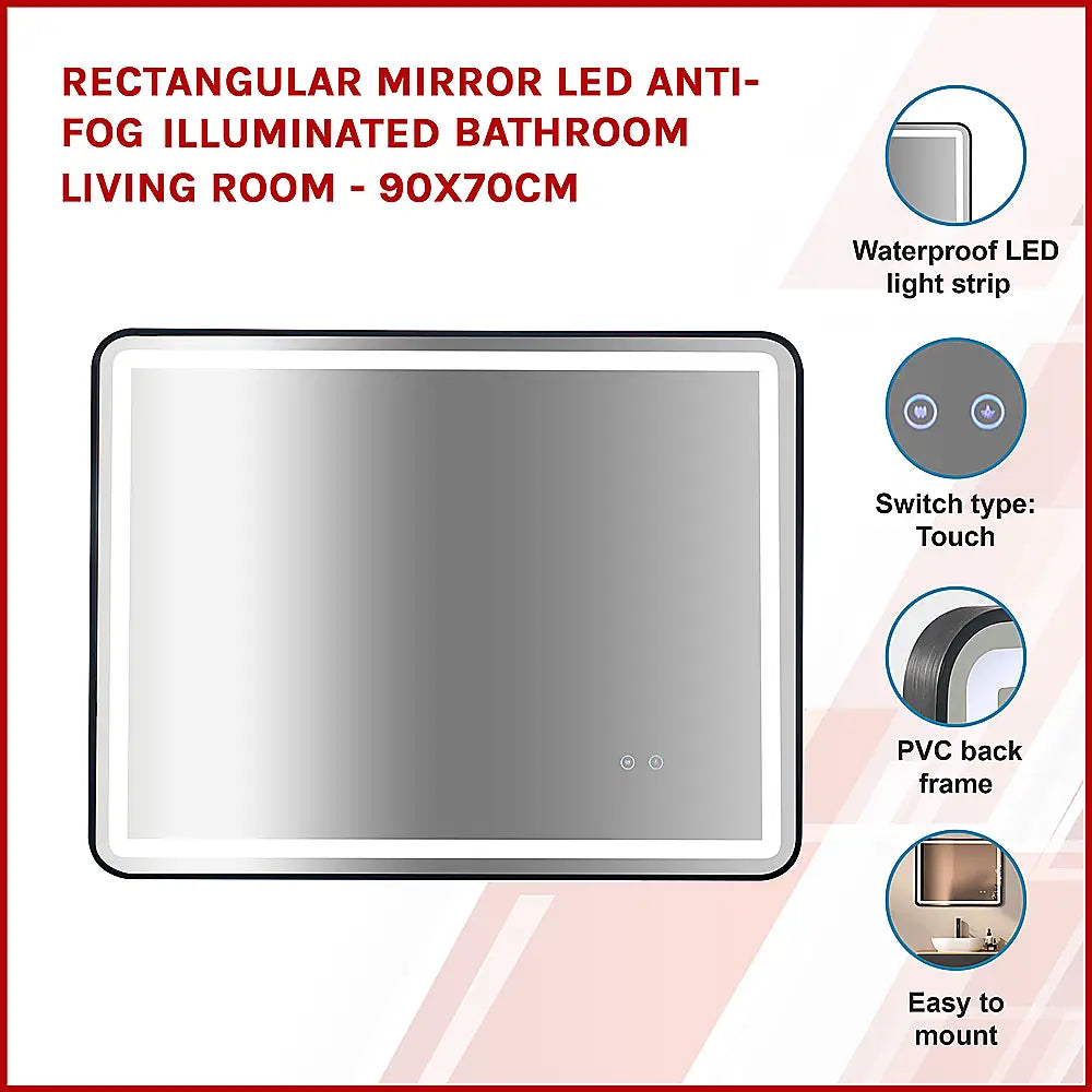 Rectangular Mirror LED Anti-Fog Illuminated Bathroom Living Room - 90x70cm - Health & Beauty > Personal Care > Back Care