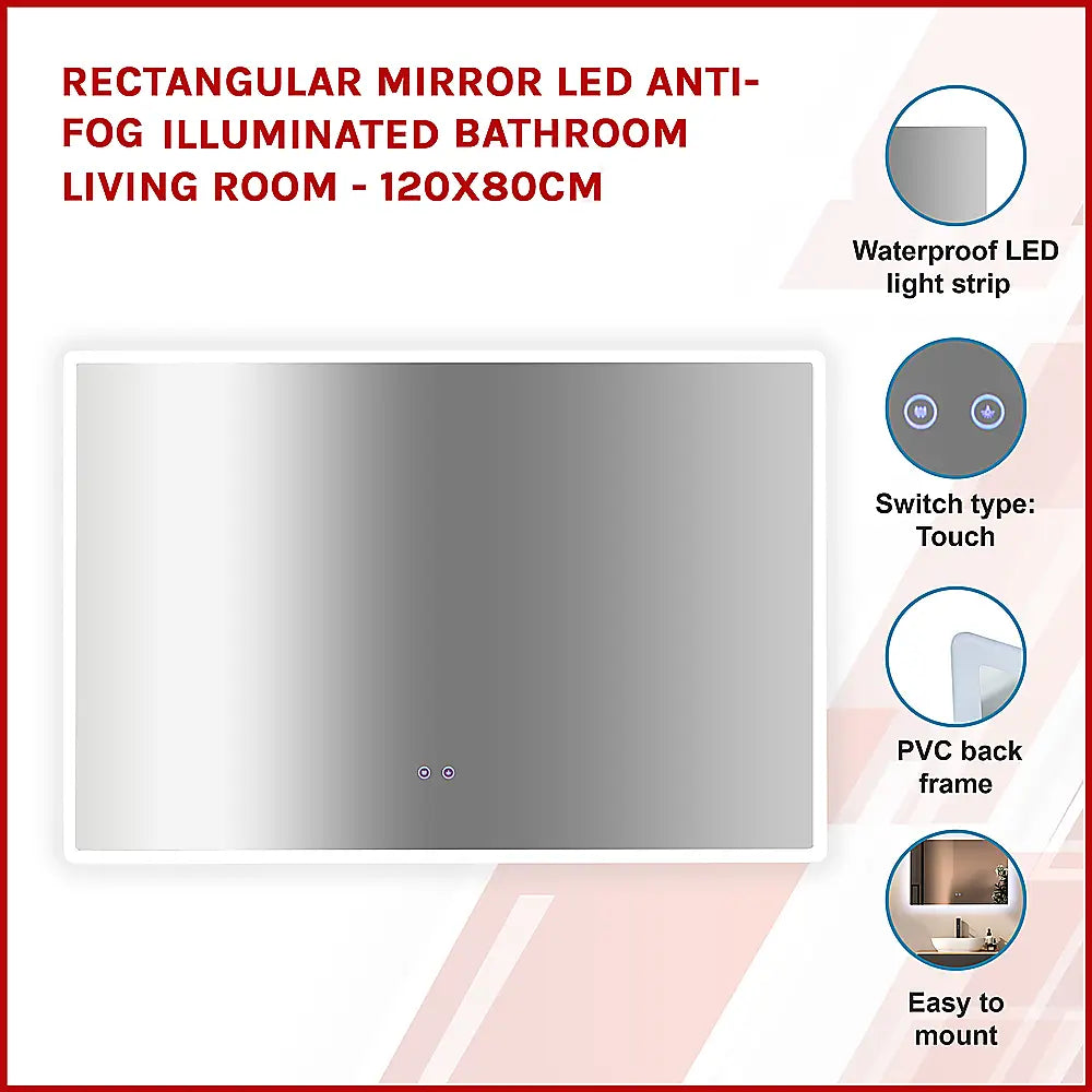 Rectangular Mirror LED Anti-Fog Illuminated Bathroom Living Room - 120x80cm - Health & Beauty > Personal Care > Back