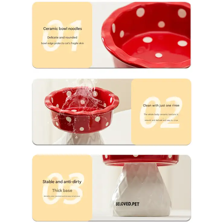 Red Adorable Mushroom Ceramic Elevated Cat Bowl - Anti-Vomiting & Spine Protecting Pet Feeder with Polka Dots - Pet