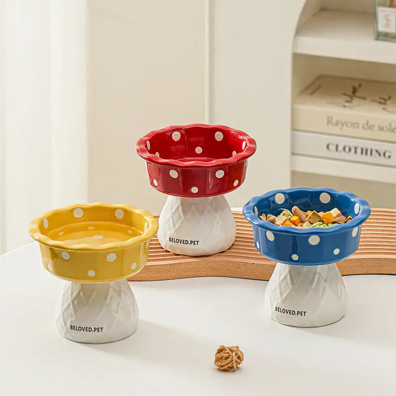 Red Adorable Mushroom Ceramic Elevated Cat Bowl - Anti-Vomiting & Spine Protecting Pet Feeder with Polka Dots - Pet