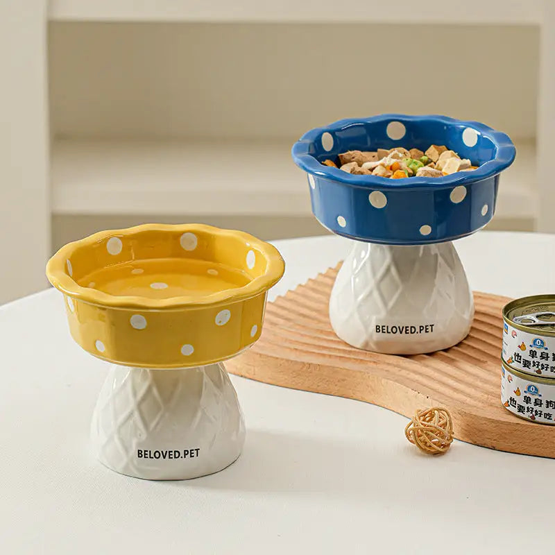 Red Adorable Mushroom Ceramic Elevated Cat Bowl - Anti-Vomiting & Spine Protecting Pet Feeder with Polka Dots - Pet