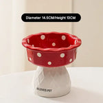 Red Adorable Mushroom Ceramic Elevated Cat Bowl - Anti-Vomiting & Spine Protecting Pet Feeder with Polka Dots - Pet