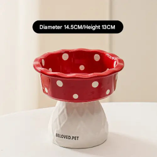 Red Adorable Mushroom Ceramic Elevated Cat Bowl - Anti-Vomiting & Spine Protecting Pet Feeder with Polka Dots - Pet