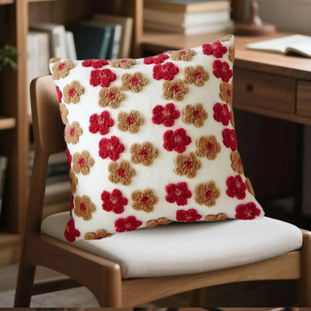 Red and Brown Charming 3D Floral Plush Cushion Covers - Set of 4 45x45cm Soft Faux Lambswool Pillowcases for Sofa & Bed