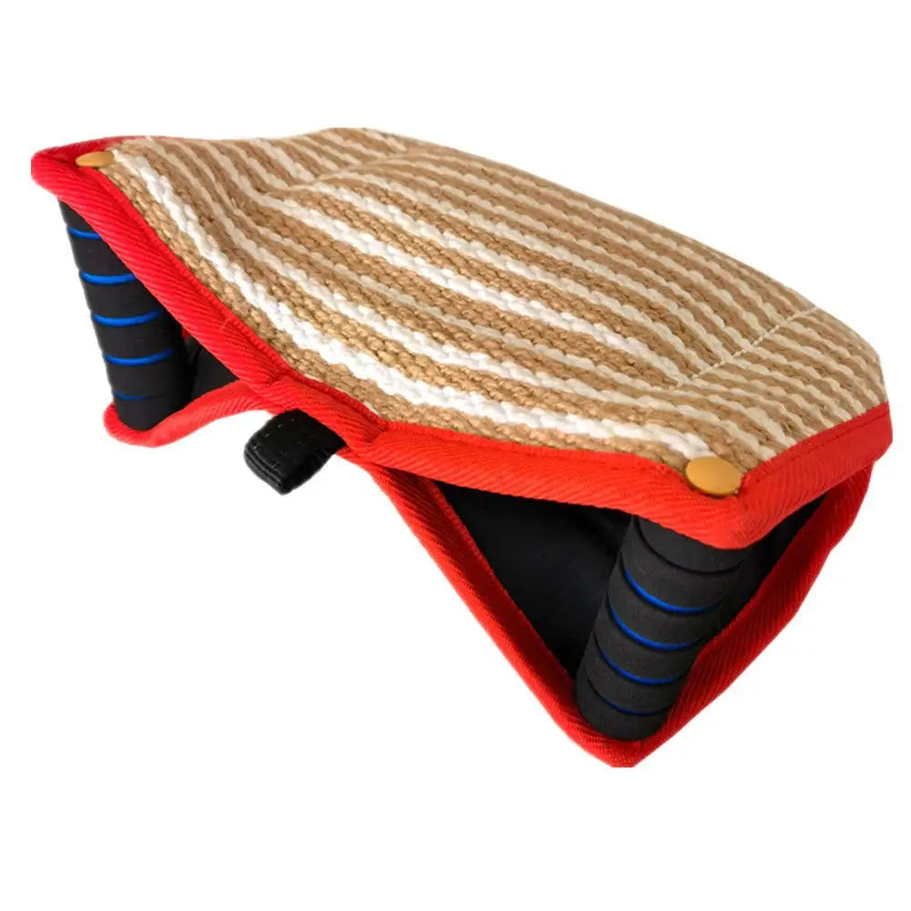 Red and Khaki Heavy Duty Jute Dog Bite Pillow - Professional Training Tug Toy with 3 Handles for Schutzhund K9 Agility