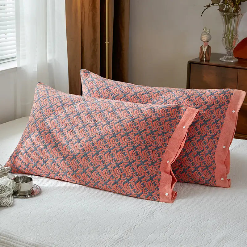 Red B pattern Snap-On Cotton Gauze Pillowcase Set - Full Coverage Non-Slip Easy Closure (One pair without pillow core)