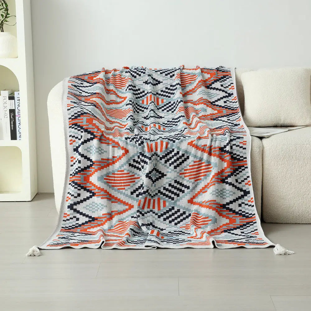 Red-blue Bohemian Knitted Sofa Blanket 130 x 170 cm 900g Ideal for Hotel and Nap Use - Home & Garden > Bedding >