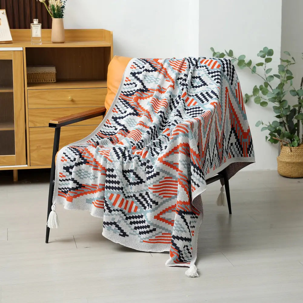 Red-blue Bohemian Knitted Sofa Blanket 130 x 170 cm 900g Ideal for Hotel and Nap Use - Home & Garden > Bedding >
