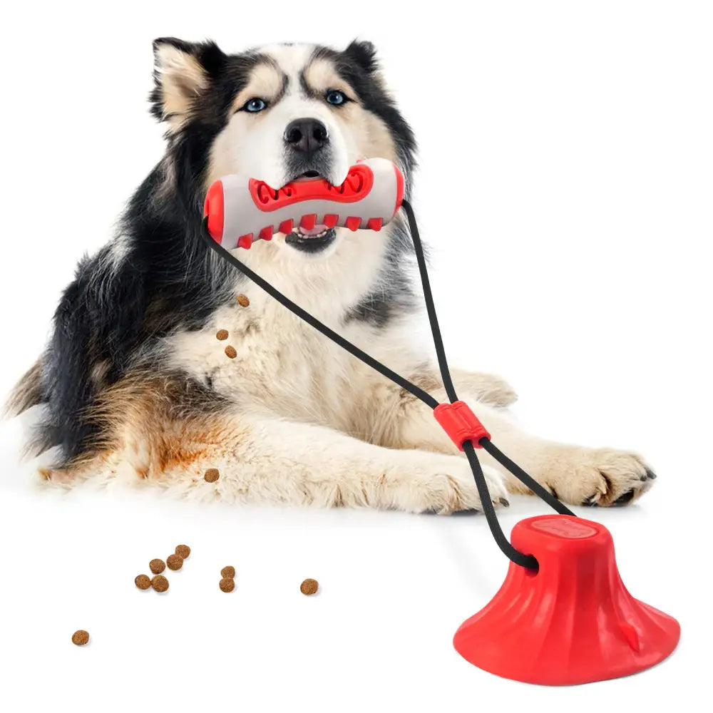 Red Interactive Dog Suction Cup Tug Toy - Durable TPR Chew & Treat Dispenser for Teeth Cleaning & Solo Play - Pet Care