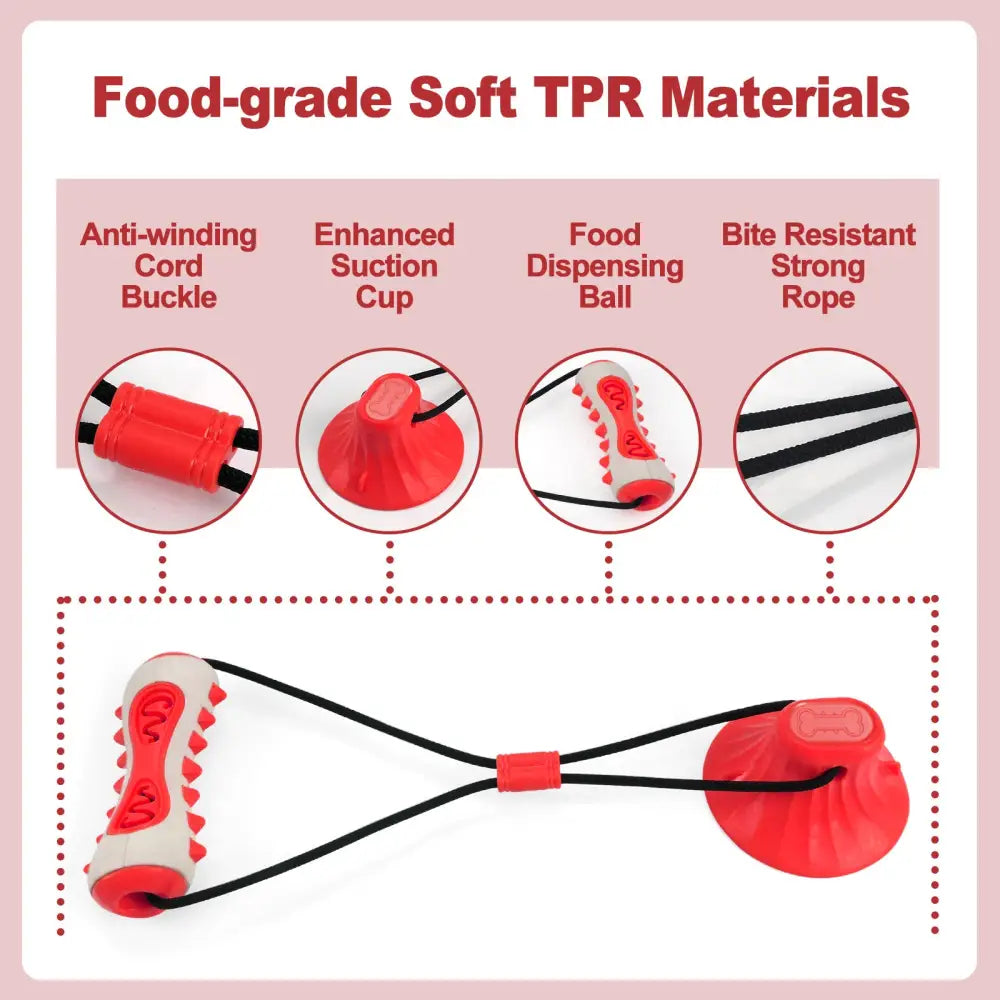 Red Interactive Dog Suction Cup Tug Toy - Durable TPR Chew & Treat Dispenser for Teeth Cleaning & Solo Play - Pet Care