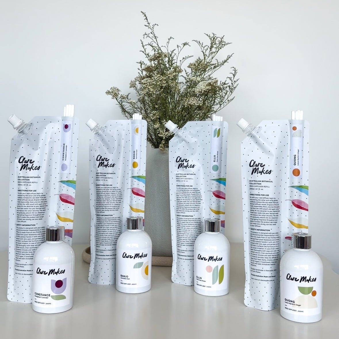 Clare Makes 200ml reed diffuser refill pouch with a separate compartment holding white reeds