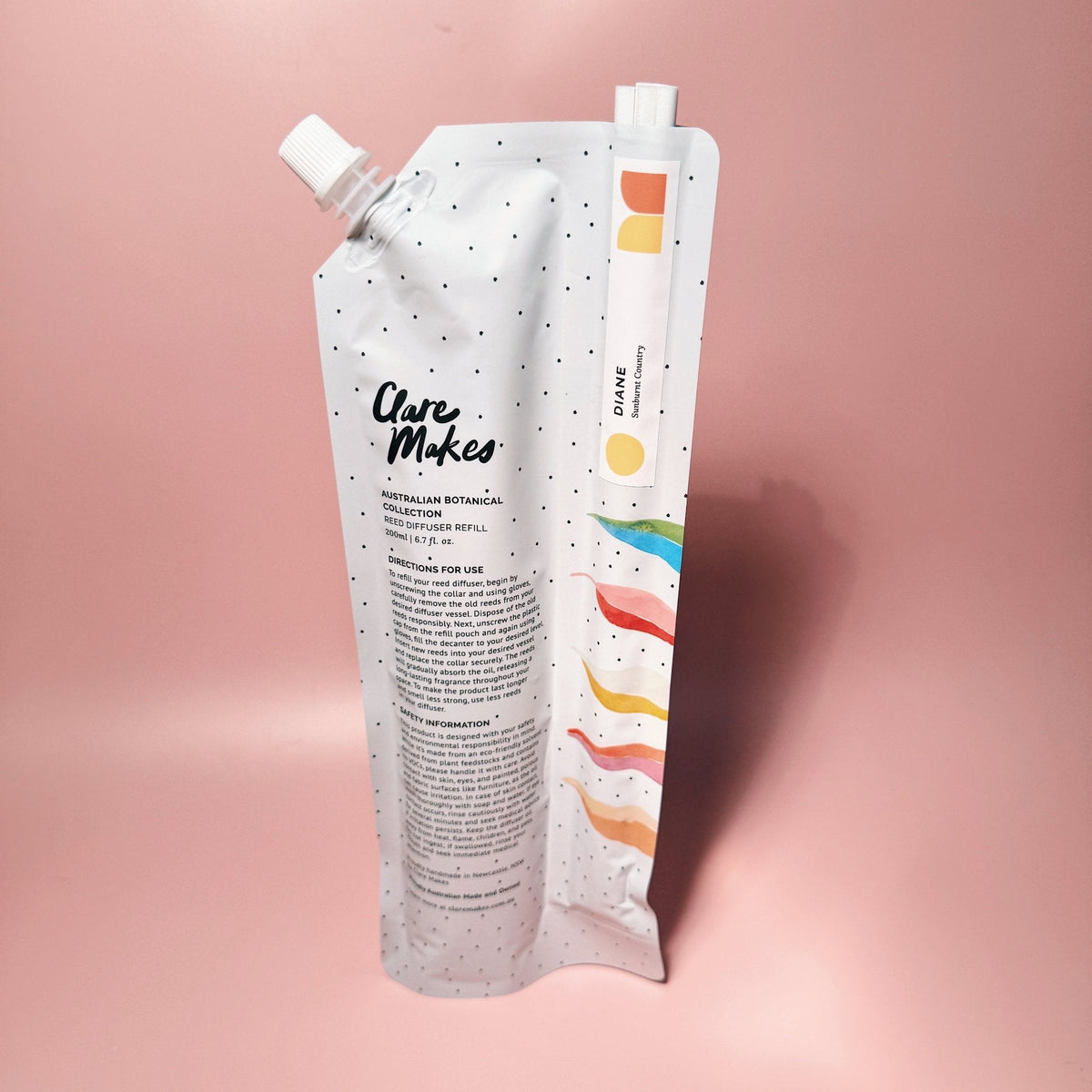 Clare Makes 200ml reed diffuser refill pouch with a separate compartment holding white reeds