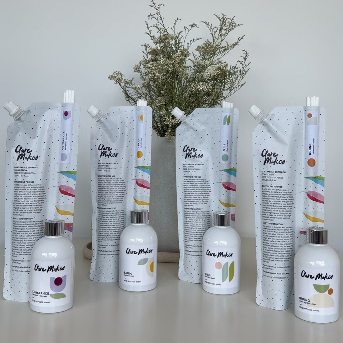 Clare Makes 200ml reed diffuser refill pouch with a separate compartment holding white reeds