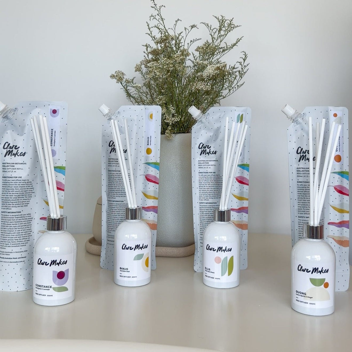 Clare Makes 200ml reed diffuser refill pouch with a separate compartment holding white reeds
